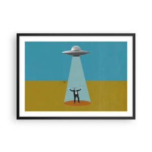 Poster in einem schwarzem Rahmen - Ein Mann im Licht eines UFOs vor dem Hintergrund einer farbenfrohen Landschaft - 70x50cm - Nahe Begegnung - Moderne Wanddekoration für Wohnzimmer und Schlafzimmer ARTTOR