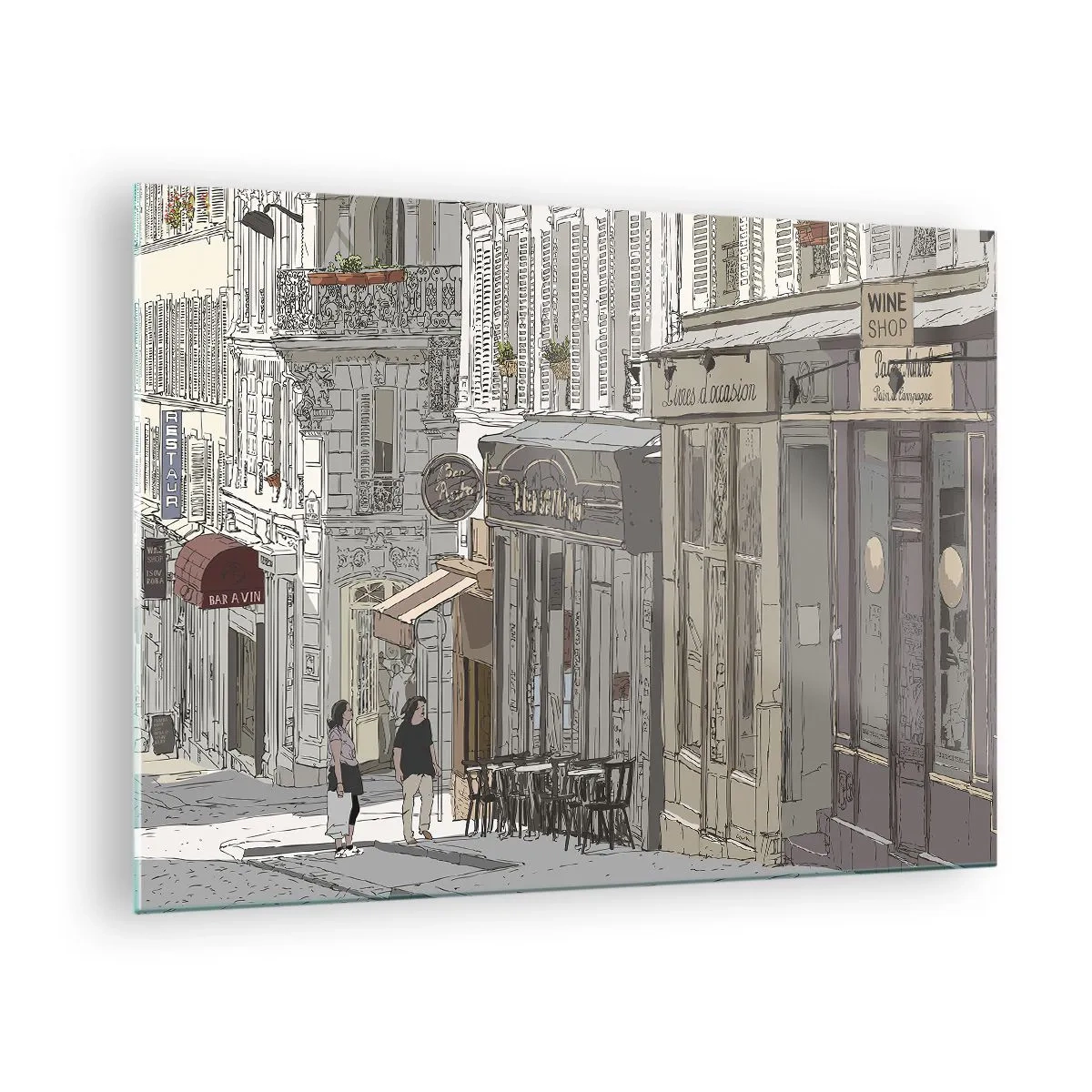 Glasbild - Bild auf glas - Eine Straße mit Cafés im künstlerischen urbanen Stil - 70x50cm - Stadtfreuden - Moderne Wanddekoration für Wohnzimmer und Schlafzimmer ARTTOR
