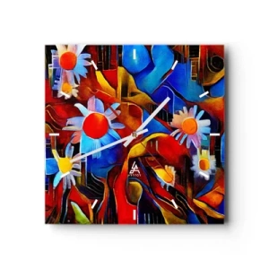 Wanduhr - Glasuhr - Abstrakte Blumen vor einem Hintergrund aus geometrischen Mustern - 30x30cm - Die Farben des Lebens - Moderne Wanddekoration für Wohnzimmer und Schlafzimmer ARTTOR