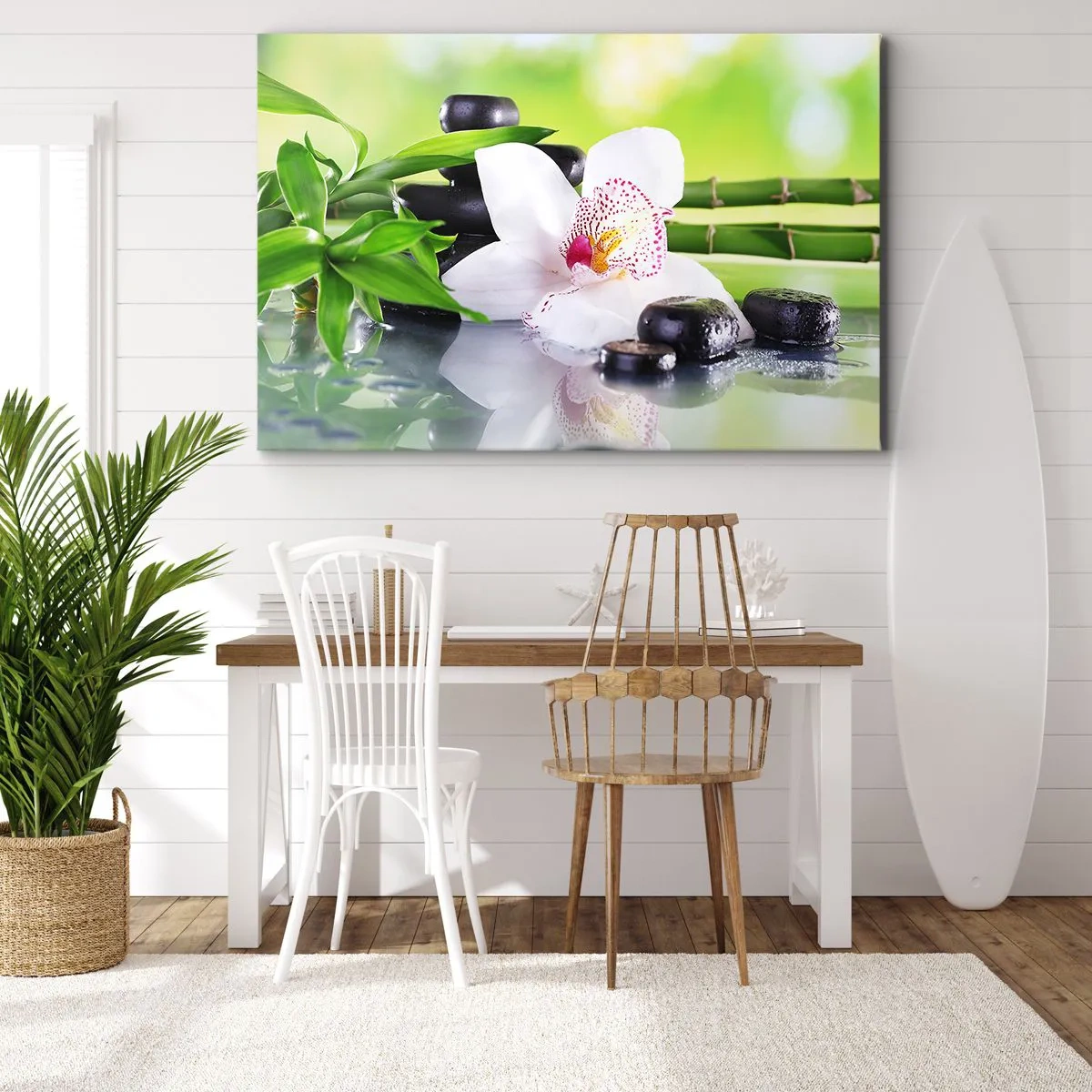 Bild auf Leinwand - Leinwandbild - Orchidee, Steine und Bambus in einer harmonischen Spa-Komposition - 120x80cm - Kühle Frische - Moderne Wanddekoration für Wohnzimmer und Schlafzimmer ARTTOR