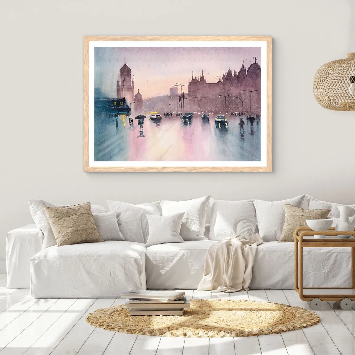 Poster in einem Rahmen aus heller Eiche - Im regnerischen Dunst - 50x40 cm