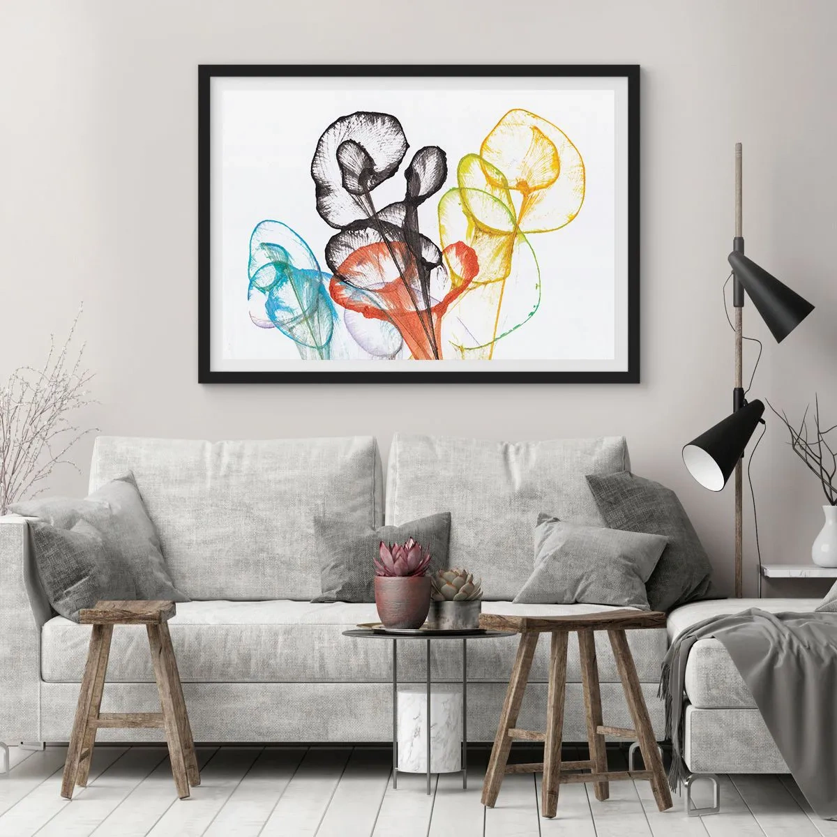 Poster in einem schwarzem Rahmen - Bunte transparente Blumen auf weißem Hintergrund - 70x50cm - Blumen mit Seele - Moderne Wanddekoration für Wohnzimmer und Schlafzimmer ARTTOR