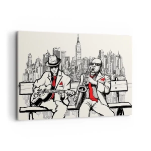 Bild auf Leinwand - Leinwandbild - Ein Jazzduo mit Saxophon und Gitarre vor der Kulisse der Stadt - 120x80cm - New Yorker Improvisation - Moderne Wanddekoration für Wohnzimmer und Schlafzimmer ARTTOR