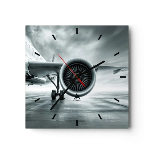 Wanduhr - Glasuhr - Das Düsentriebwerk eines Flugzeugs auf dem Rollfeld - 30x30cm - Die Macht ist da! - Moderne Wanddekoration für Wohnzimmer und Schlafzimmer ARTTOR