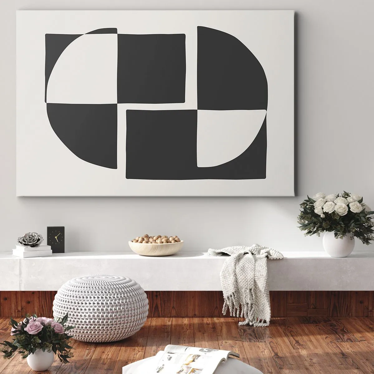 Bild auf Leinwand - Leinwandbild - Abstrakte geometrische Formen in Schwarz und Weiß - 100x70cm - Antithese - Synthese - Moderne Wanddekoration für Wohnzimmer und Schlafzimmer ARTTOR