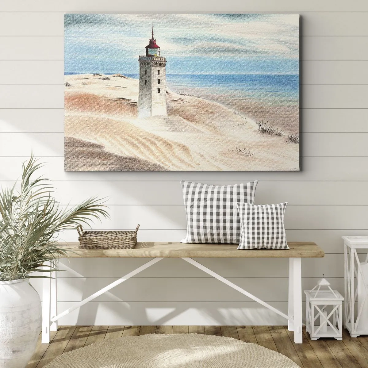 Bild auf Leinwand - Leinwandbild - Ein Leuchtturm, umgeben von Sanddünen und blauem Himmel - 70x50cm - Immer aufs Meer starrend - Moderne Wanddekoration für Wohnzimmer und Schlafzimmer ARTTOR
