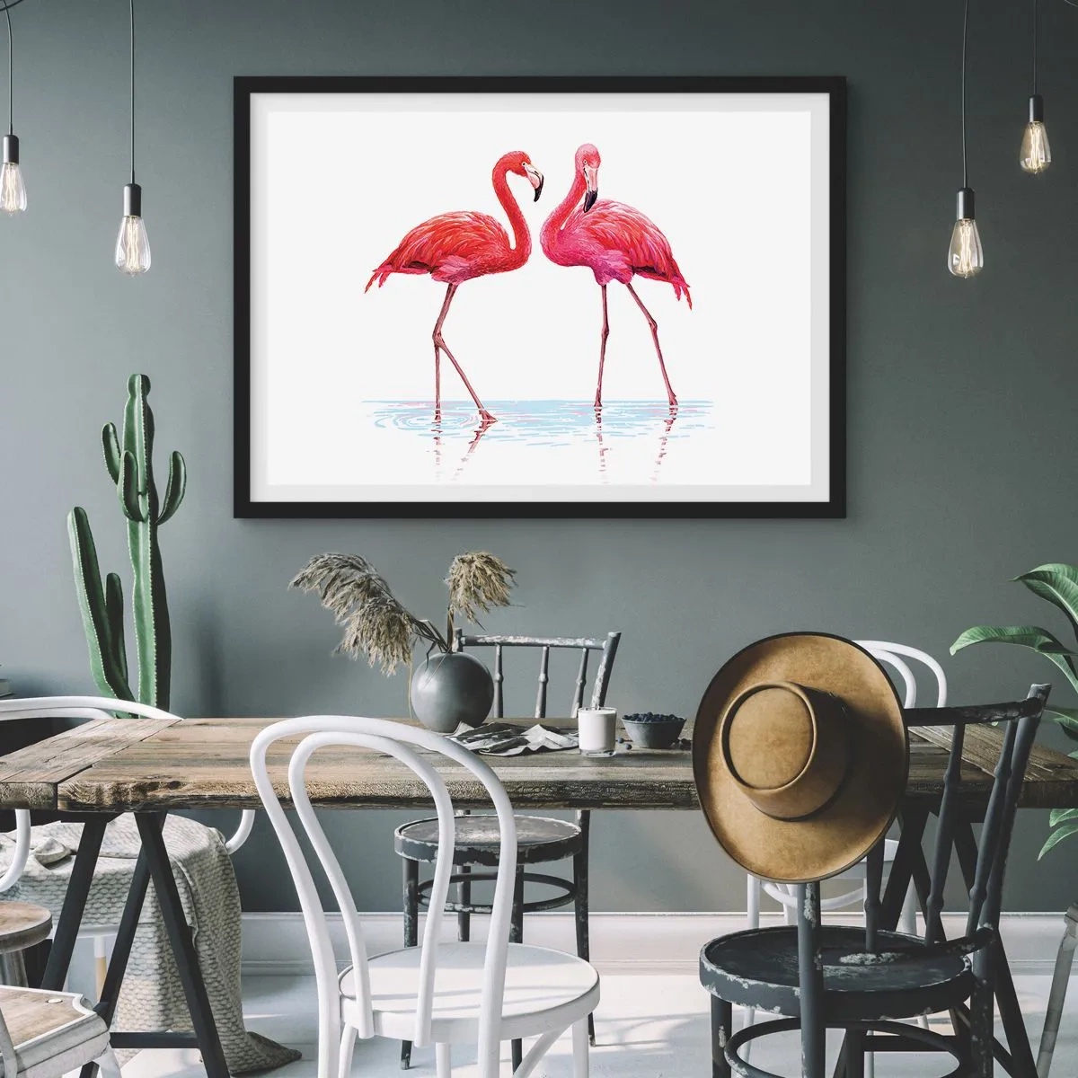 Poster in einem schwarzem Rahmen - Ein Flamingopaar im Wasser vor hellem Hintergrund - 70x50cm - Rosa randez-vous - Moderne Wanddekoration für Wohnzimmer und Schlafzimmer ARTTOR