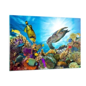 Glasbild - Bild auf glas - Unterwasserszene mit Schildkröten, Fischen und Korallen - 120x80cm - Korallenpromenade - Moderne Wanddekoration für Wohnzimmer und Schlafzimmer ARTTOR