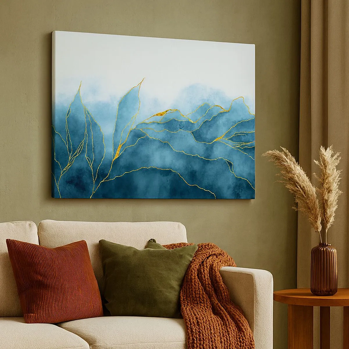 Bild auf Leinwand - Leinwandbild - Abstrakte Wellen in Blautönen mit goldenen Akzenten - 70x50cm - Blau im Gold - Moderne Wanddekoration für Wohnzimmer und Schlafzimmer ARTTOR