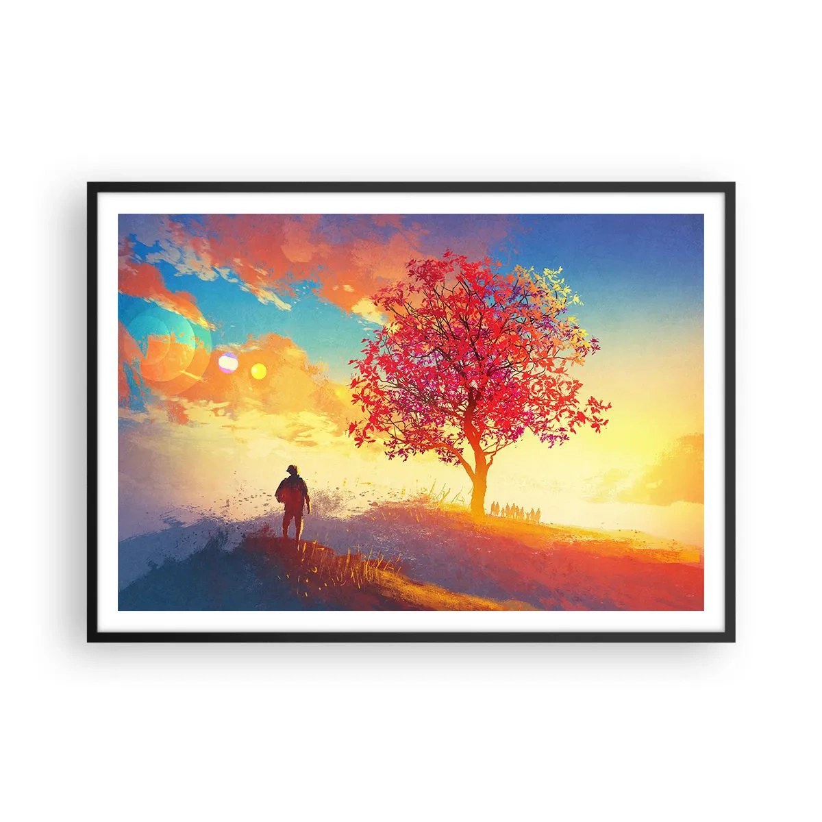 Poster in einem schwarzem Rahmen - Eine Figur auf einem Hügel neben einem bunten Baum im Licht der untergehenden Sonne - 100x70cm - Pilger am Ziel - Moderne Wanddekoration für Wohnzimmer und Schlafzimmer ARTTOR