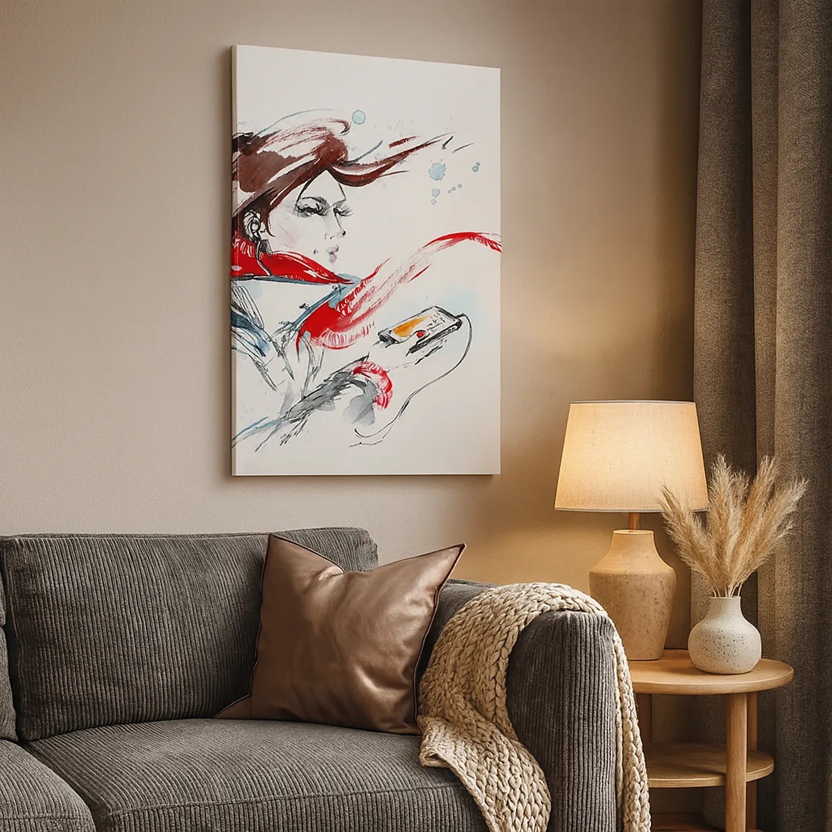 Bild auf Leinwand - Leinwandbild - Eine Frau in einem roten Schal mit dynamischen Aquarellstrichen - 50x70cm - Mit mir stimmt was nicht - Moderne Wanddekoration für Wohnzimmer und Schlafzimmer ARTTOR