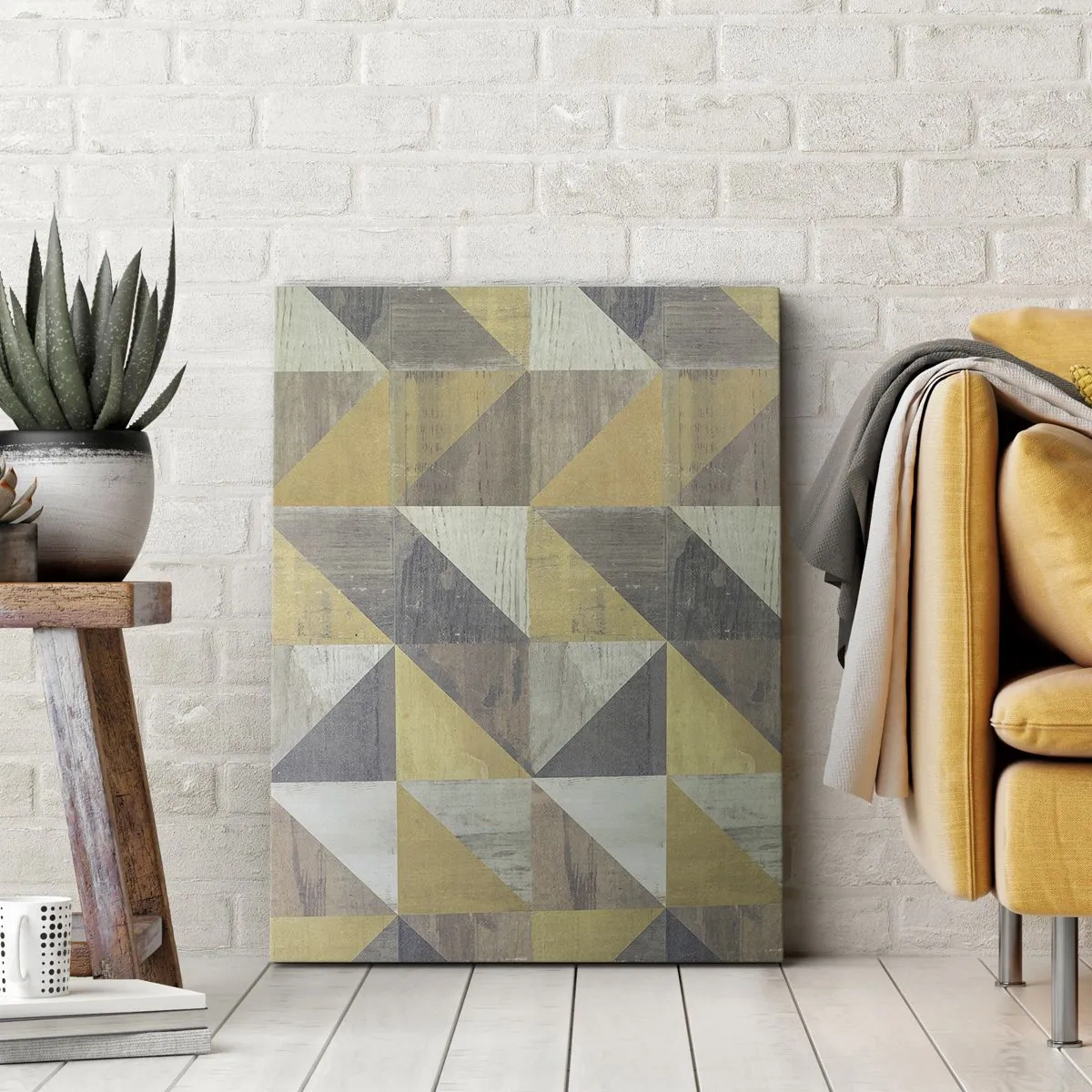 Bild auf Leinwand - Leinwandbild - Geometrische Komposition aus Dreiecken in erdigen Farbtönen - 80x120cm - Am Winkel des Dreiecks - Moderne Wanddekoration für Wohnzimmer und Schlafzimmer ARTTOR