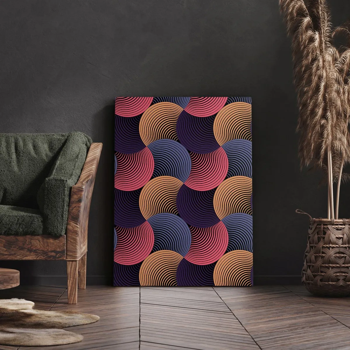 Bild auf Leinwand - Leinwandbild - Geometrische Kreise in Rosa-, Lila- und Goldtönen - 80x120cm - Im kreisenden Rhythmus - Moderne Wanddekoration für Wohnzimmer und Schlafzimmer ARTTOR