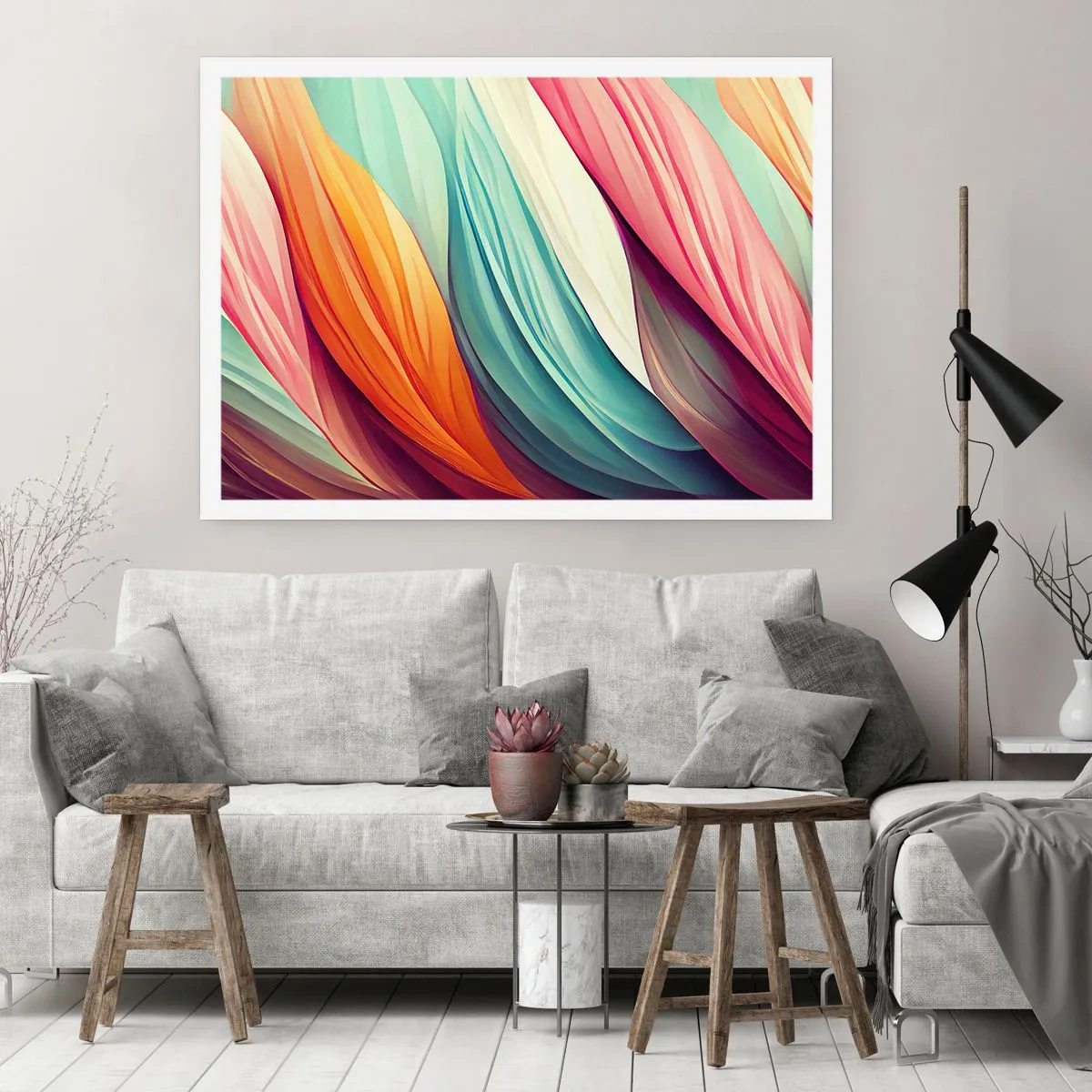 Poster - Abstrakte Linien in Pastell- und leuchtenden Farben - 100x70cm - Regenbogengewebe - Moderne Wanddekoration für Wohnzimmer und Schlafzimmer ARTTOR