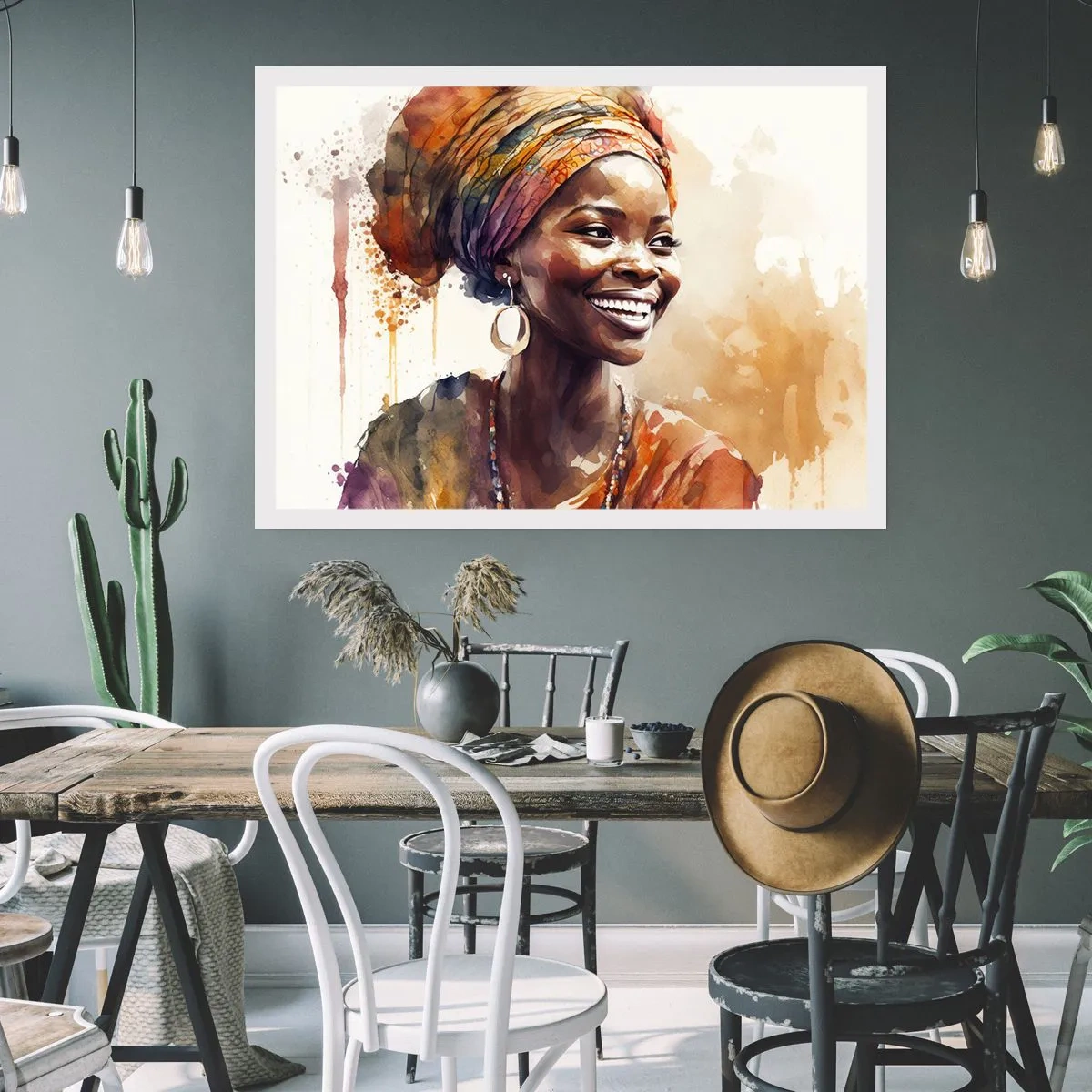 Poster - Porträt einer lächelnden Frau mit buntem Schal in Aquarell - 100x70cm - Afrikanische Königin - Moderne Wanddekoration für Wohnzimmer und Schlafzimmer ARTTOR