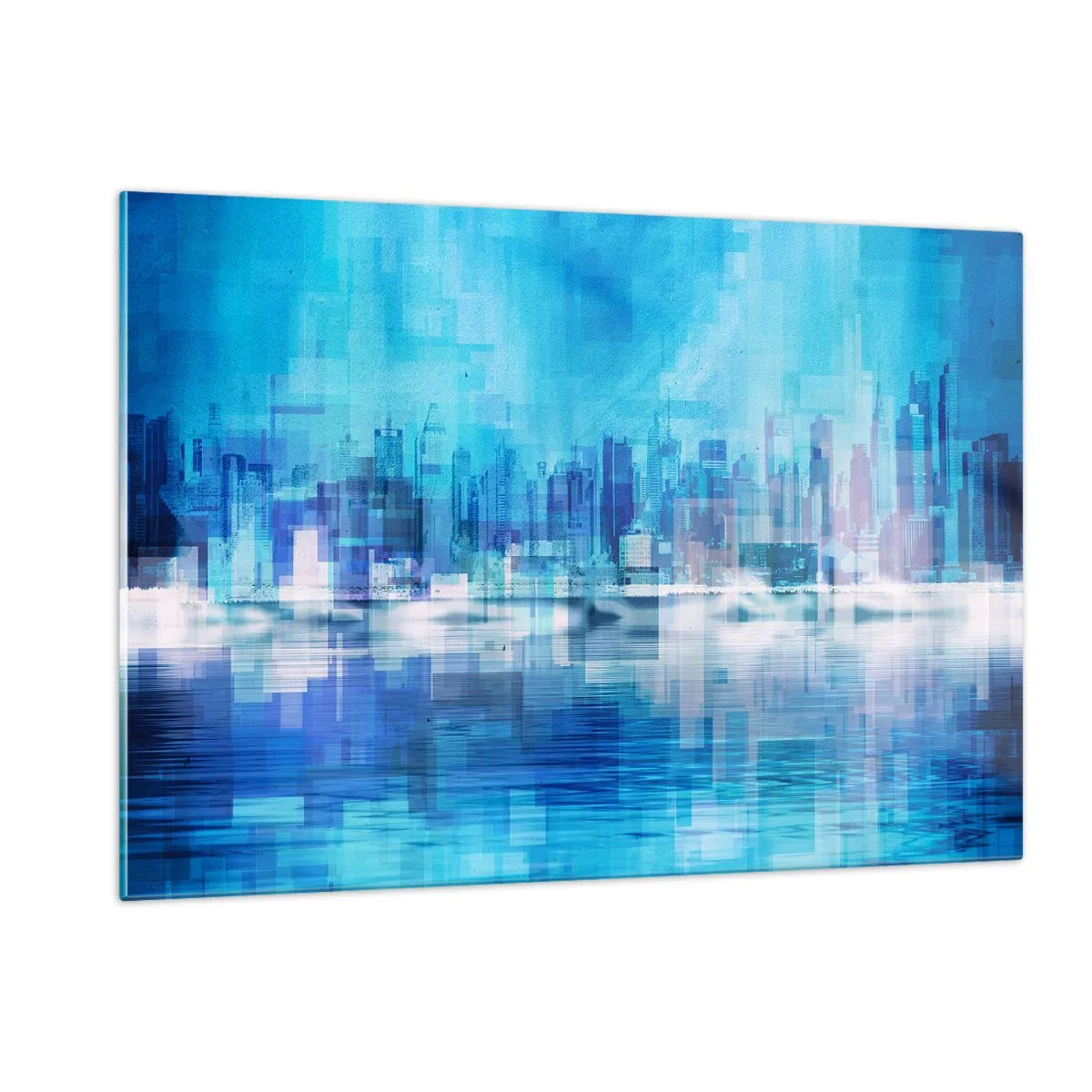 Glasbild - Bild auf glas - Ein modernes Stadtpanorama in Blautönen - 120x80cm - In Blau ertrunken - Moderne Wanddekoration für Wohnzimmer und Schlafzimmer ARTTOR