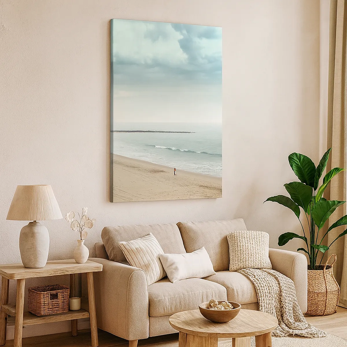 Bild auf Leinwand - Leinwandbild - Eine einsame Gestalt an einem verlassenen Strand an einem ruhigen Meer - 50x70cm - Auf der Suche nach Frieden - Moderne Wanddekoration für Wohnzimmer und Schlafzimmer ARTTOR
