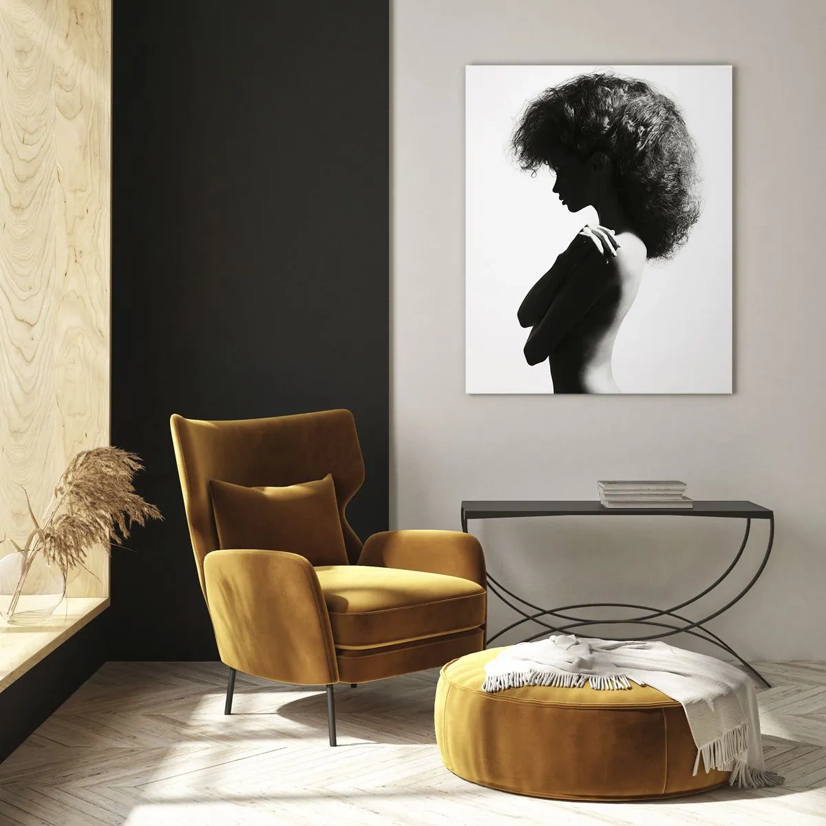 Glasbild - Bild auf glas - Eine subtile Silhouette einer Frau in Schwarz-Weiß-Tönen auf hellem Hintergrund - 70x100cm - Wie eine Blume auf einem schlanken Stiel - Moderne Wanddekoration für Wohnzimmer und Schlafzimmer ARTTOR