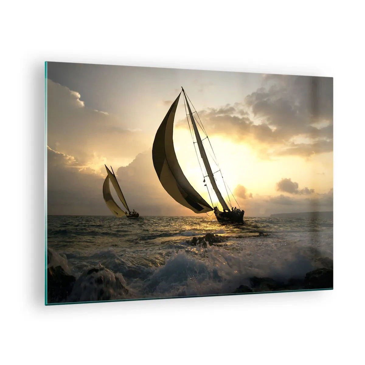 Glasbild - Bild auf glas - Segelboote in stürmischer See bei Sonnenuntergang - 70x50cm - Mit dem Wind und gegen den Wind - Moderne Wanddekoration für Wohnzimmer und Schlafzimmer ARTTOR