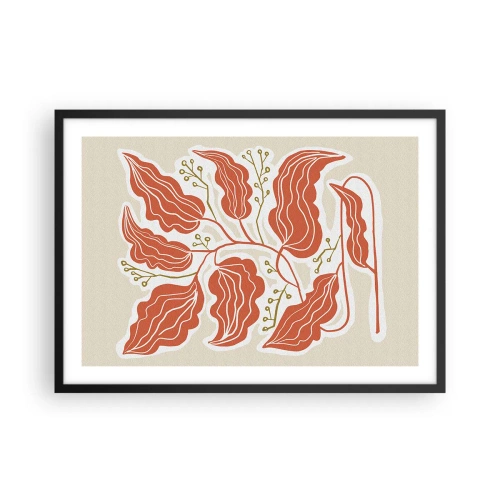 Poster in einem schwarzem Rahmen - Ein minimalistisches Blattmotiv in Orange- und Grüntönen. - 70x50cm - Im Folkstil und korallenartig - Moderne Wanddekoration für Wohnzimmer und Schlafzimmer ARTTOR