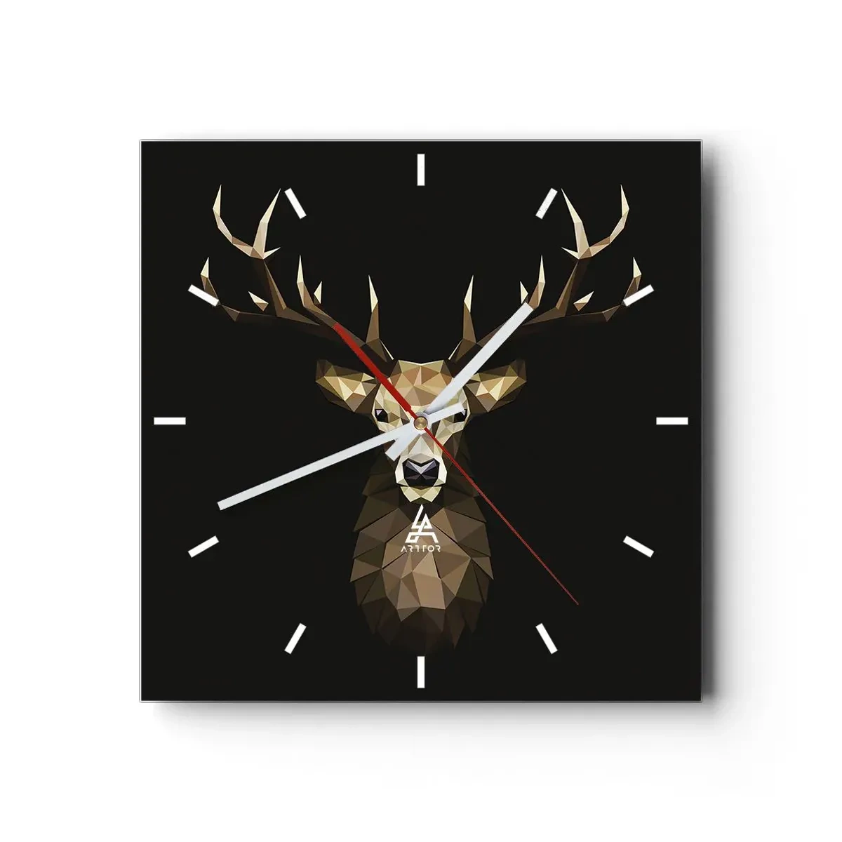 Wanduhr - Glasuhr - Geometrisches Polygon Hirsch auf schwarzem Hintergrund - 30x30cm - Kubistischer Hirsch - Moderne Wanddekoration für Wohnzimmer und Schlafzimmer ARTTOR