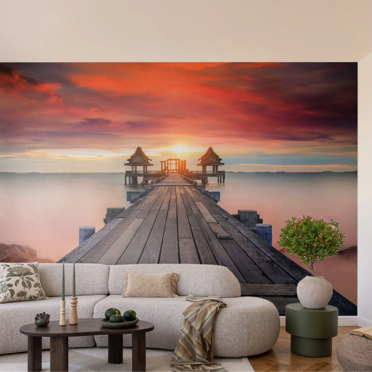 Fototapete Premium Canvas - Westen im Osten - Landschaft, Holzsteg, Meer - 350x256 cm