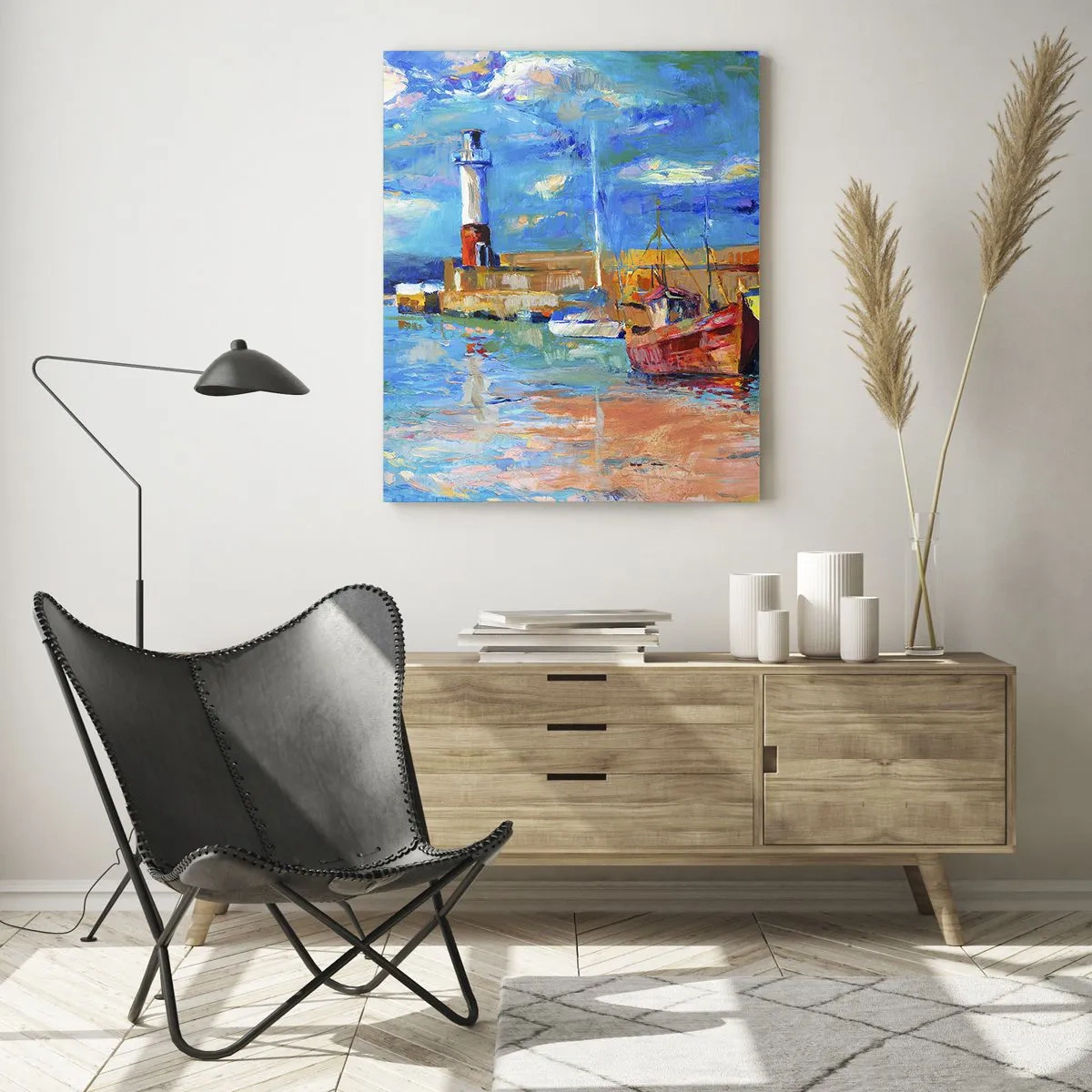 Glasbild - Bild auf glas - Rainbow Bay mit Leuchtturm und bunten Booten im Hafen - 50x70cm - Ein Nachmittag in der Regenbogenbucht - Moderne Wanddekoration für Wohnzimmer und Schlafzimmer ARTTOR