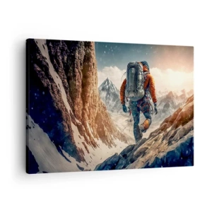 Bild auf Leinwand - Leinwandbild - Ein Bergsteiger auf einem Bergpfad in einer Winterlandschaft - 70x50cm - Einsamer Krieger - Moderne Wanddekoration für Wohnzimmer und Schlafzimmer ARTTOR