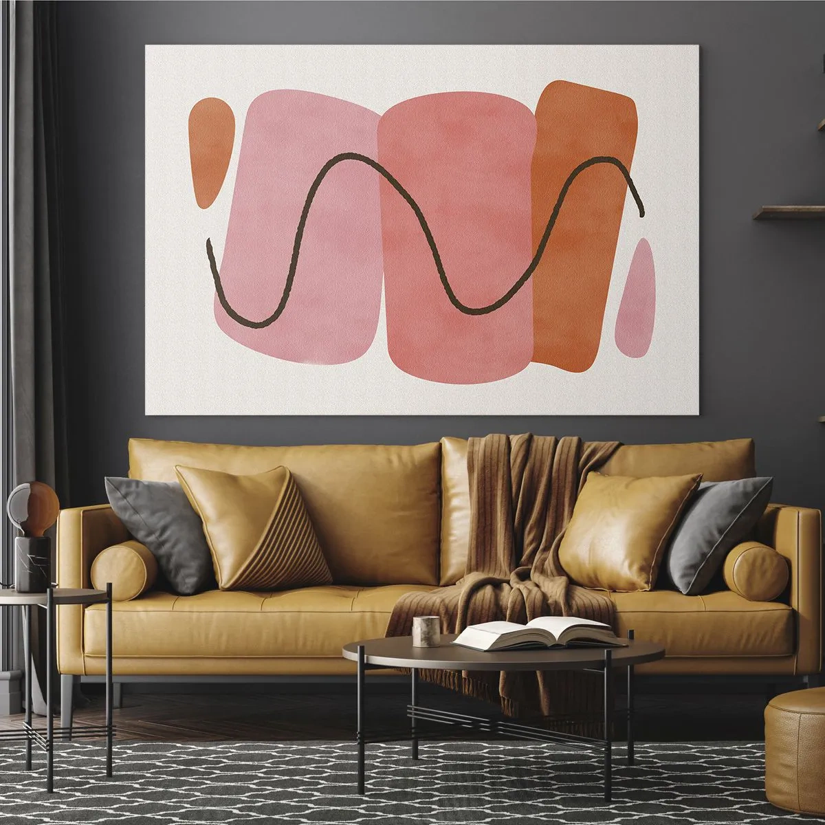 Glasbild - Bild auf glas - Abstrakte Formen in Pink und Orange mit einer schwarzen Linie - 70x50cm - Sanfte Bewegung der Formen - Moderne Wanddekoration für Wohnzimmer und Schlafzimmer ARTTOR