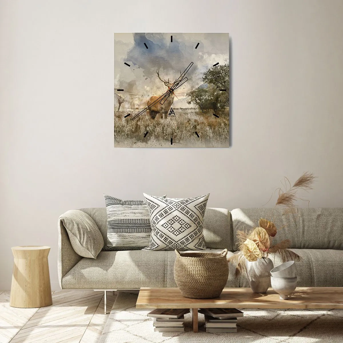 Wanduhr - Glasuhr - Ein Hirsch in einer natürlichen Umgebung im Aquarellstil - 30x30cm - Würde – Stärke – Würde - Moderne Wanddekoration für Wohnzimmer und Schlafzimmer ARTTOR