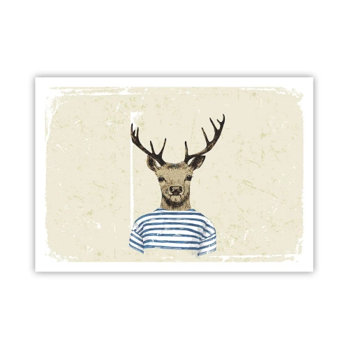 Poster - Ein Hirsch im gestreiften Hemd auf hellem Hintergrund mit zarter Textur - 100x70cm - Weil ich gestreifte T-Shirts mag! - Moderne Wanddekoration für Wohnzimmer und Schlafzimmer ARTTOR