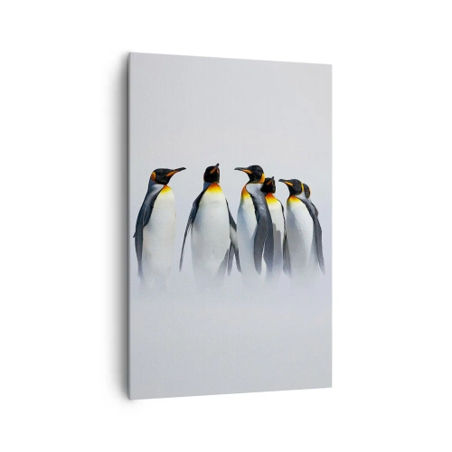 Bild auf Leinwand - Leinwandbild - Eine Gruppe Kaiserpinguine im Winternebel - 80x120cm - Treffen in Abendkleidern - Moderne Wanddekoration für Wohnzimmer und Schlafzimmer ARTTOR