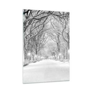 Glasbild - Bild auf glas - Winterbaumallee im Park mit Lichtern und Schnee - 50x70cm - Vier Jahreszeiten - Winter - Moderne Wanddekoration für Wohnzimmer und Schlafzimmer ARTTOR