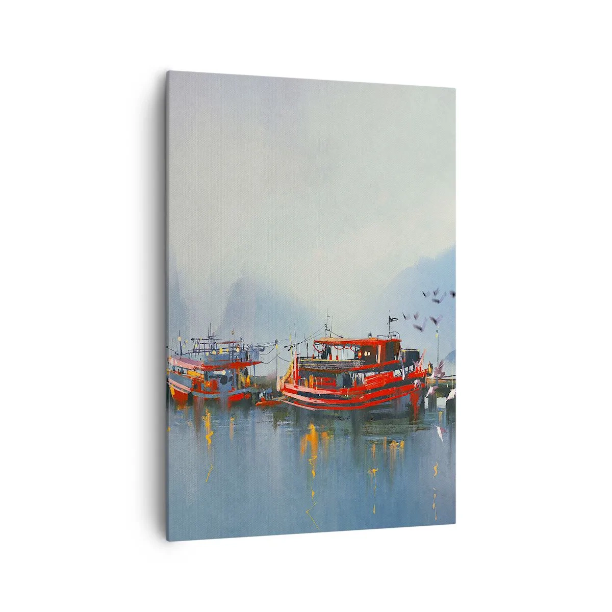 Bild auf Leinwand - Leinwandbild - Ein Hafen mit roten Booten, umgeben von einer nebligen Landschaft - 70x100cm - Am Ende der Welt - Moderne Wanddekoration für Wohnzimmer und Schlafzimmer ARTTOR