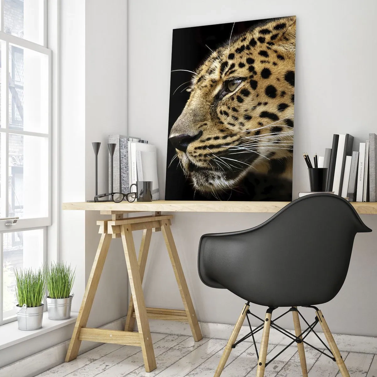 Glasbild - Bild auf glas - Profil eines Leoparden auf schwarzem Hintergrund - 50x70cm - Ruhig, fokussiert, bereit - Moderne Wanddekoration für Wohnzimmer und Schlafzimmer ARTTOR