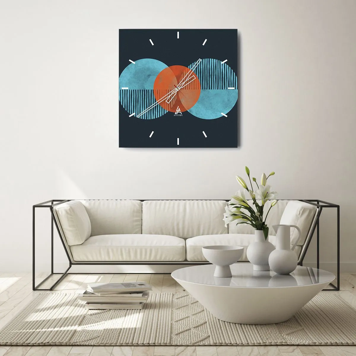 Wanduhr - Glasuhr - Geometrische Kreise in Blau- und Orangetönen - 30x30cm - Symmetrische Komposition - Moderne Wanddekoration für Wohnzimmer und Schlafzimmer ARTTOR