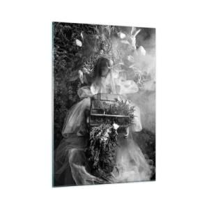 Glasbild - Bild auf glas - Frau im Tüll-Käfigkleid und Pflanzenkrone in Schwarz-Weiß - 50x70cm - Mutter selbst - Natur - Moderne Wanddekoration für Wohnzimmer und Schlafzimmer ARTTOR