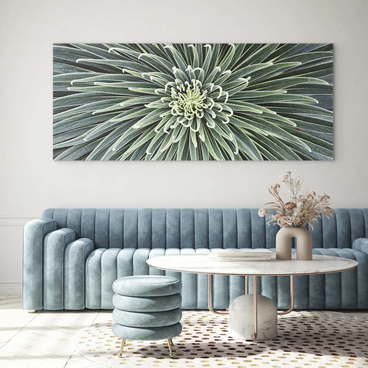 Glasbild - Bild auf glas - Symmetrische Anordnung grüner Blätter, die einem Stern ähneln - 120x50cm - Ein Star ist geboren - Moderne Wanddekoration für Wohnzimmer und Schlafzimmer ARTTOR