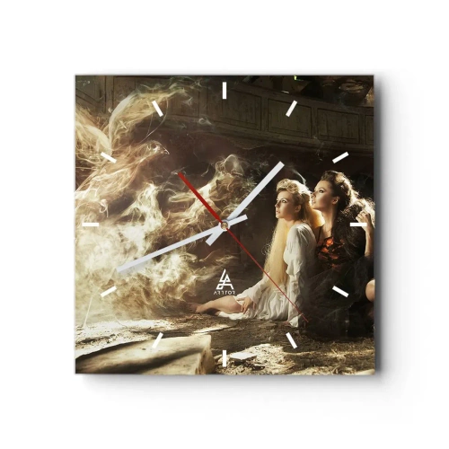 Wanduhr - Glasuhr - Zwei Frauen in einer magischen Umgebung mit ätherischen Lichteffekten. - 30x30cm - Und es gab Poesie - Moderne Wanddekoration für Wohnzimmer und Schlafzimmer ARTTOR