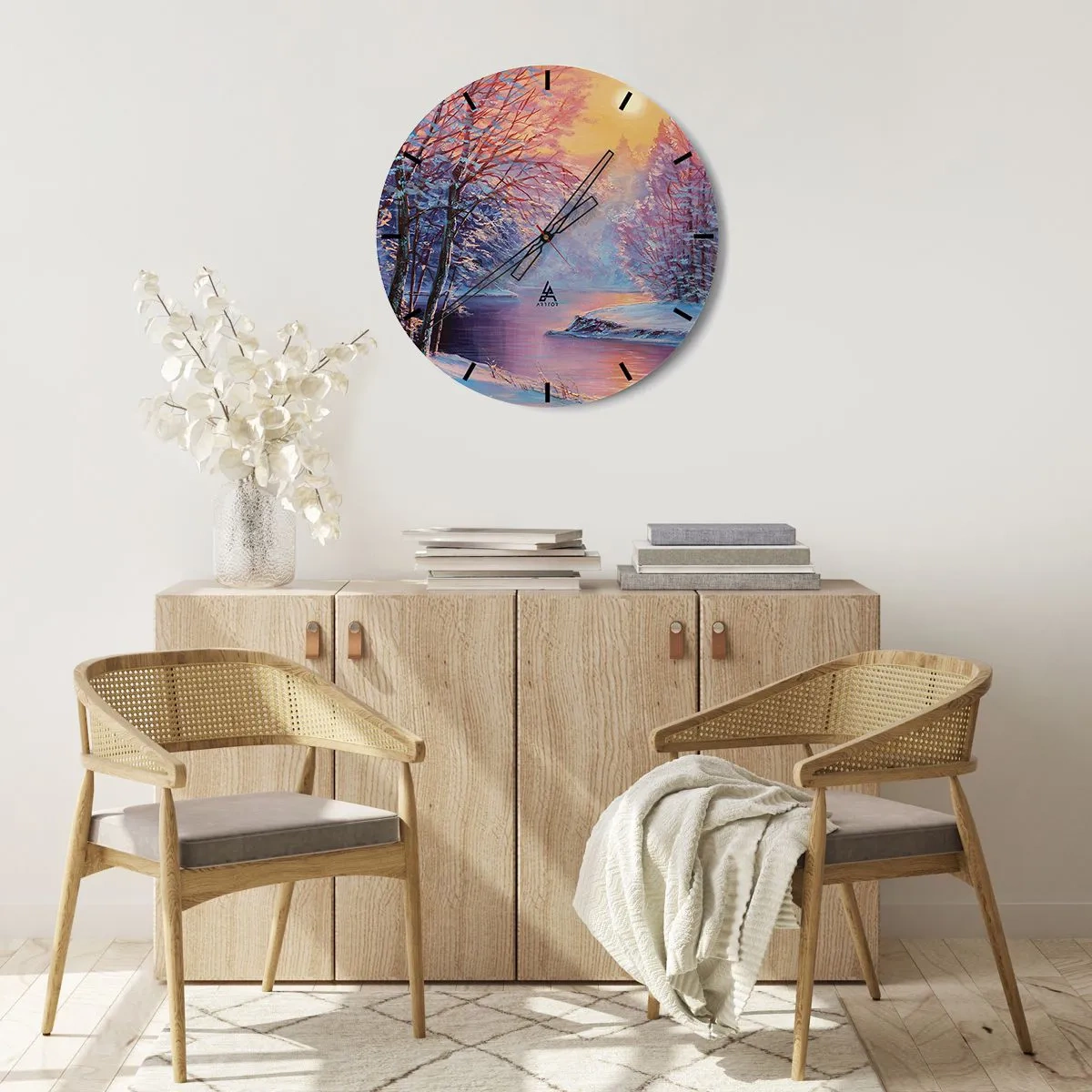 Wanduhr - Glasuhr - Winterlandschaft mit einem Fluss bei Sonnenuntergang - 30x30cm - Die Farben des Winters - Moderne Wanddekoration für Wohnzimmer, Küche und Schlafzimmer ARTTOR