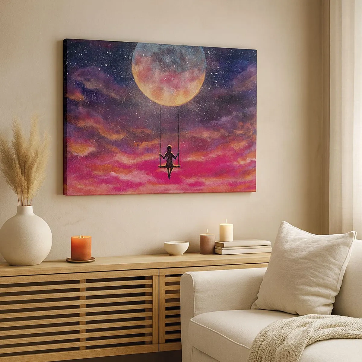 Bild auf Leinwand - Leinwandbild - Eine Figur auf einer Schaukel, die vor dem Mond hängt - 70x50cm - Traum - Moderne Wanddekoration für Wohnzimmer und Schlafzimmer ARTTOR