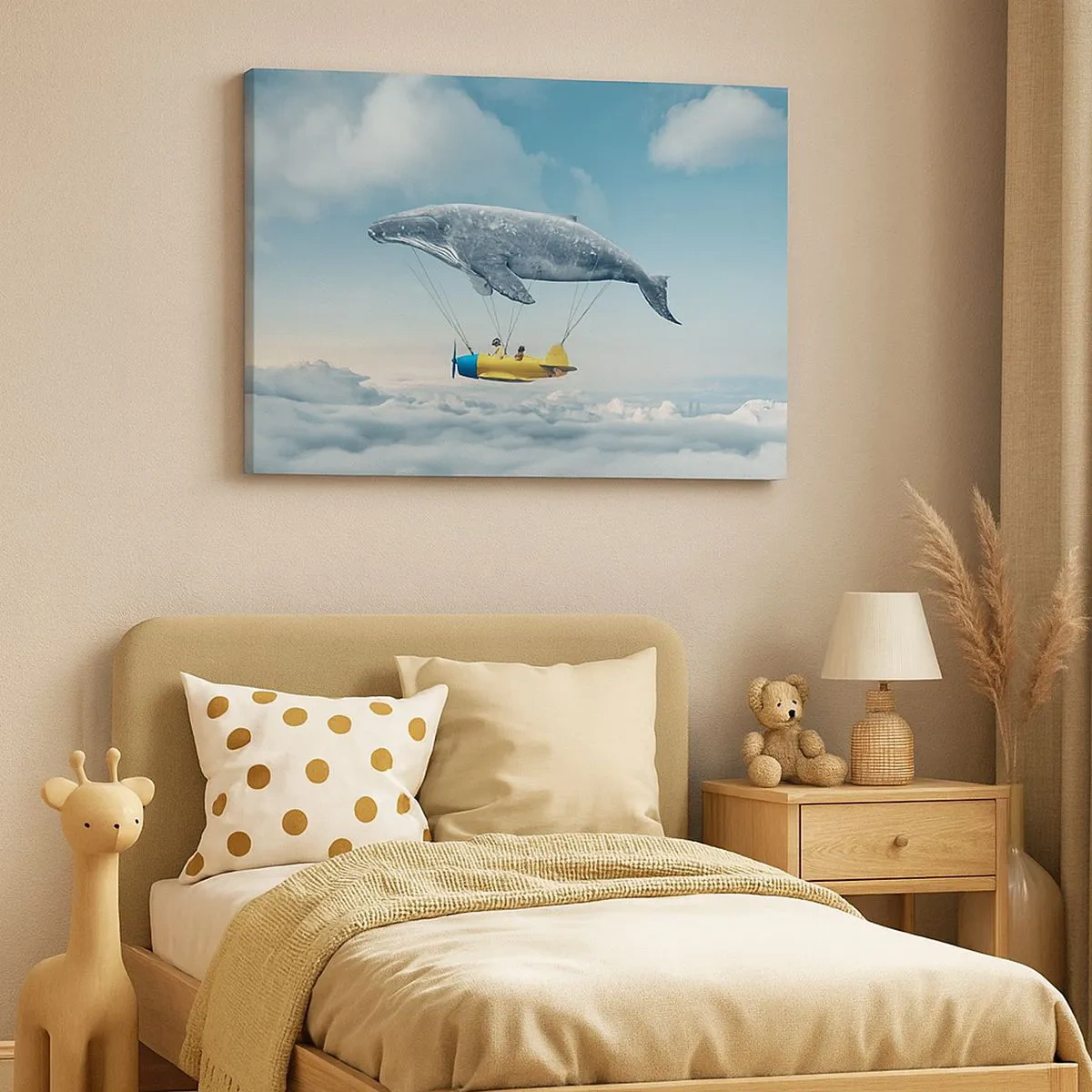 Bild auf Leinwand - Leinwandbild - Ein fliegender Wal trägt ein Flugzeug in einer surrealen Umgebung. - 70x50cm - Warum nicht? - Moderne Wanddekoration für Wohnzimmer und Schlafzimmer ARTTOR
