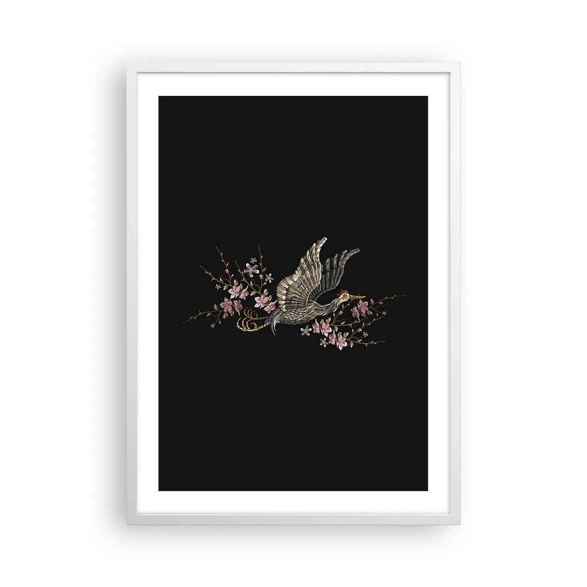 Poster in einem weißen Rahmen - Exotischer gestickter Vogel - 50x70 cm