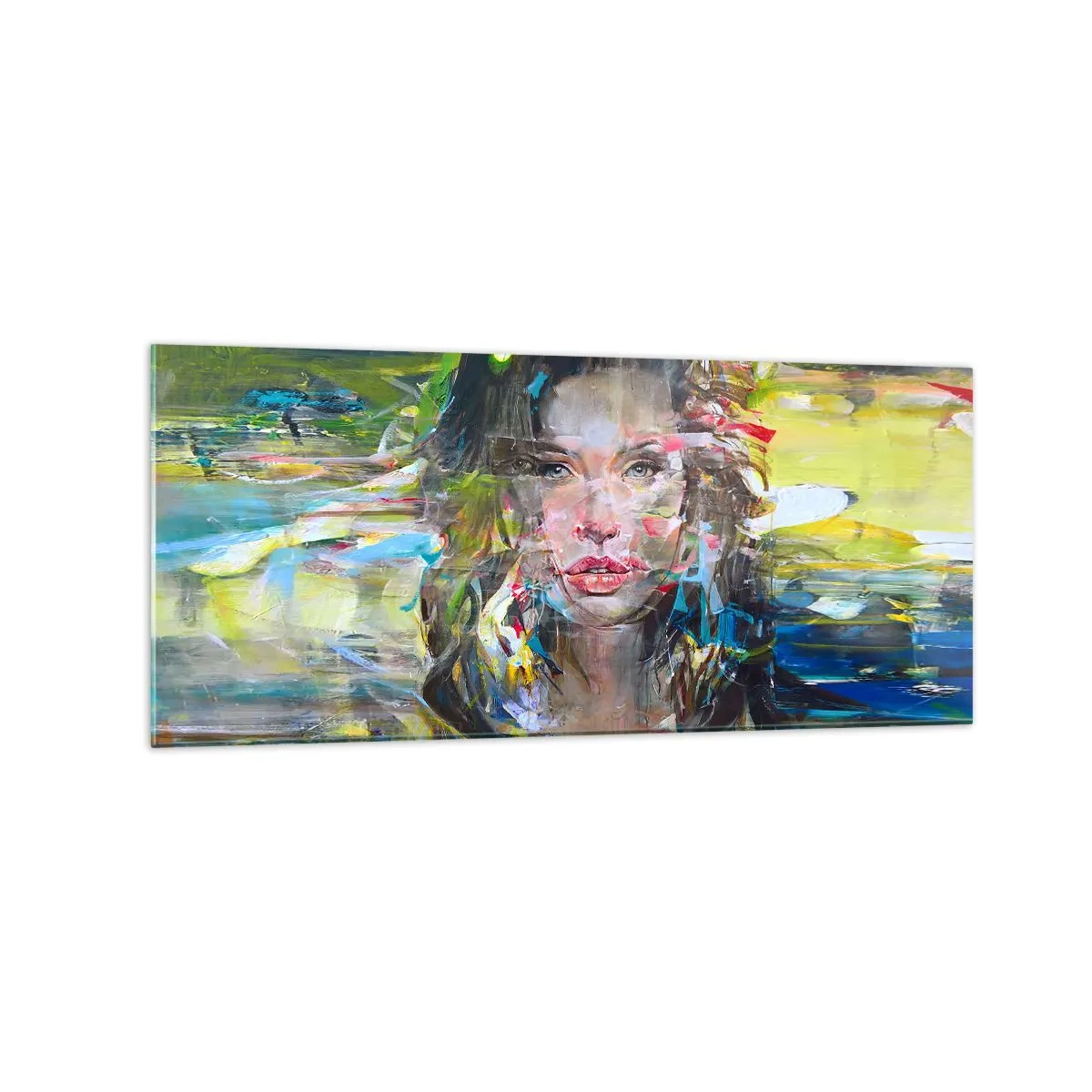 Glasbild - Bild auf glas - Abstraktes Frauenporträt in intensiven Farben - 120x50cm - Hinter der Luft ein Vorhang - Moderne Wanddekoration für Wohnzimmer und Schlafzimmer ARTTOR