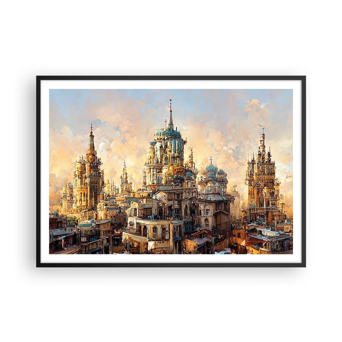Poster in einem schwarzem Rahmen - Architektonische Türme in den Strahlen der untergehenden Sonne - 100x70cm - Stadt der Städte - Moderne Wanddekoration für Wohnzimmer und Schlafzimmer ARTTOR