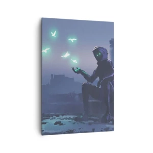 Bild auf Leinwand - Leinwandbild - Eine vermummte Figur mit magischen Vögeln im Hintergrund einer Stadt - 70x100cm - Das Leben wird zurückkommen - Moderne Wanddekoration für Wohnzimmer und Schlafzimmer ARTTOR