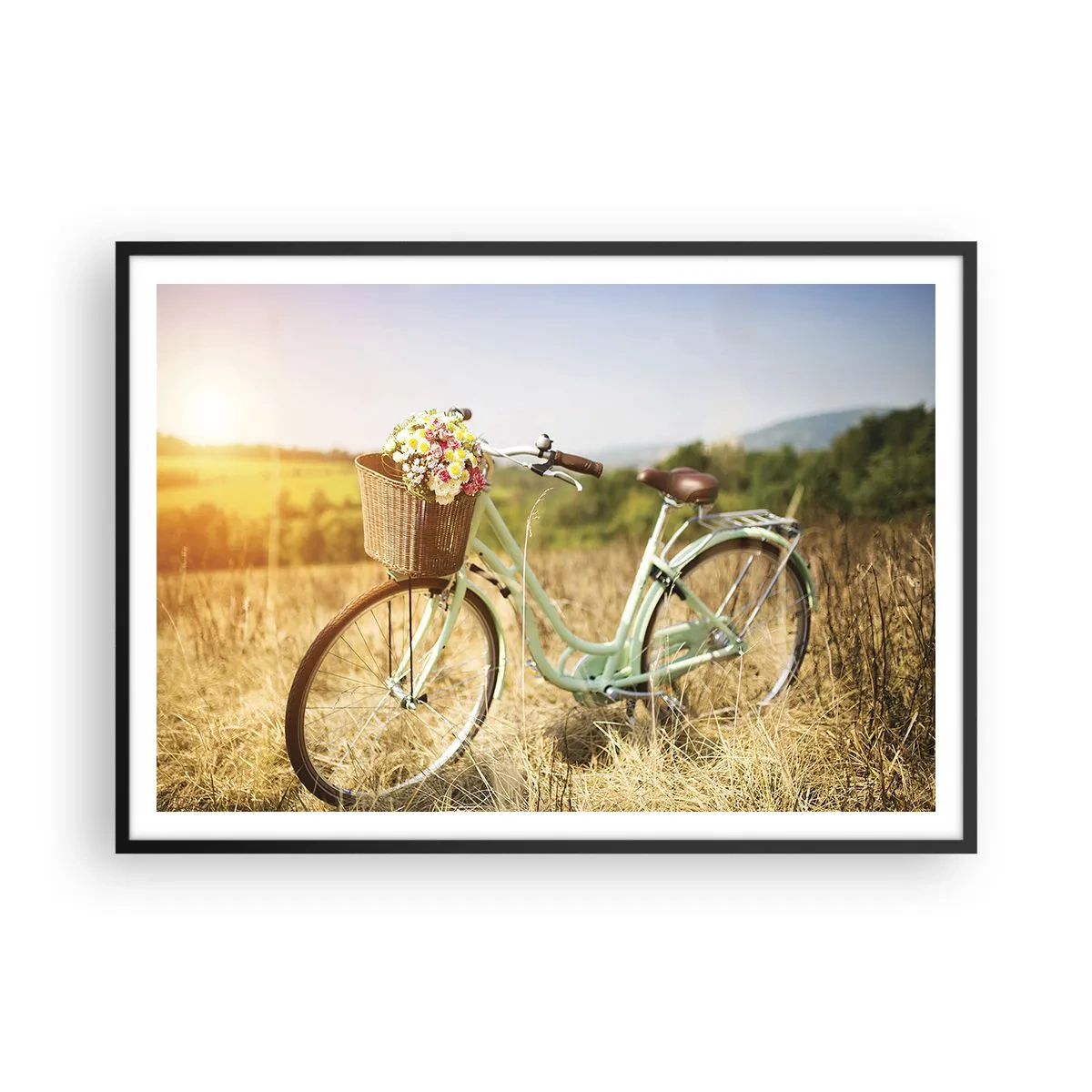 Poster in einem schwarzem Rahmen - Ein Retro-Fahrrad mit einem Korb voller Blumen vor einem Wiesenhintergrund. - 100x70cm - Ich bleibe eine Weile hier - Moderne Wanddekoration für Wohnzimmer und Schlafzimmer ARTTOR