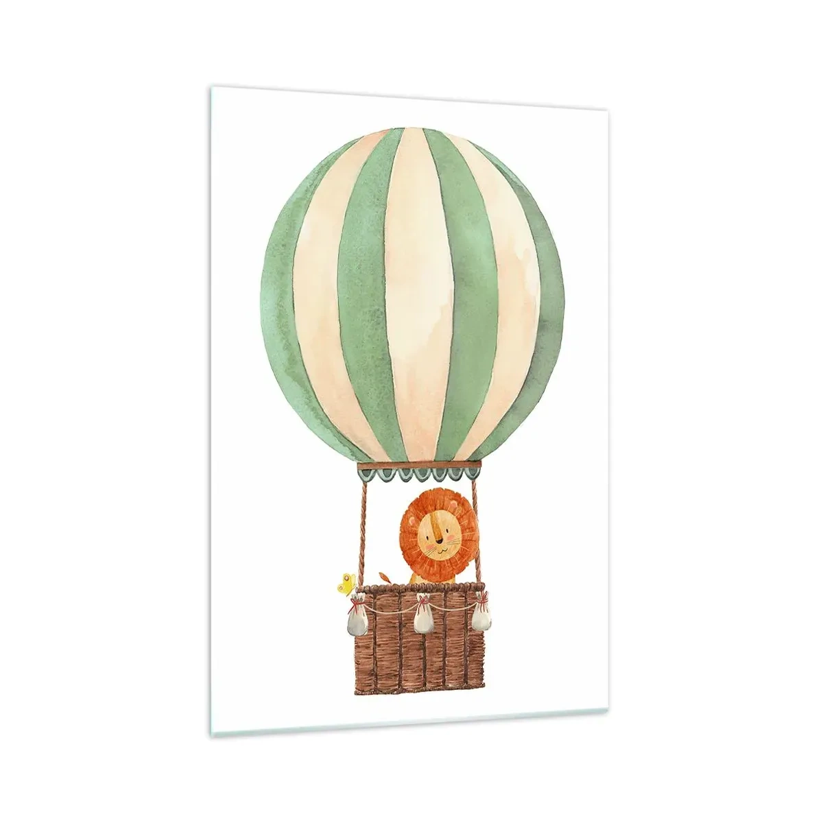 Glasbild - Bild auf glas - Ein Ballon mit einem lächelnden Löwen in einem pastellfarbenen Korb - 70x100cm - Leons Reisen - Moderne Wanddekoration für Wohnzimmer und Schlafzimmer ARTTOR