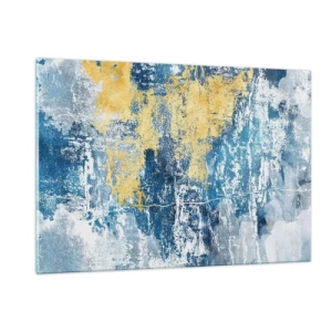 Glasbild - Bild auf glas - Blaue und gelbe Abstraktion mit einem Distressed- und Struktureffekt - 120x80cm - Abstraktion voller Wetter - Moderne Wanddekoration für Wohnzimmer und Schlafzimmer ARTTOR