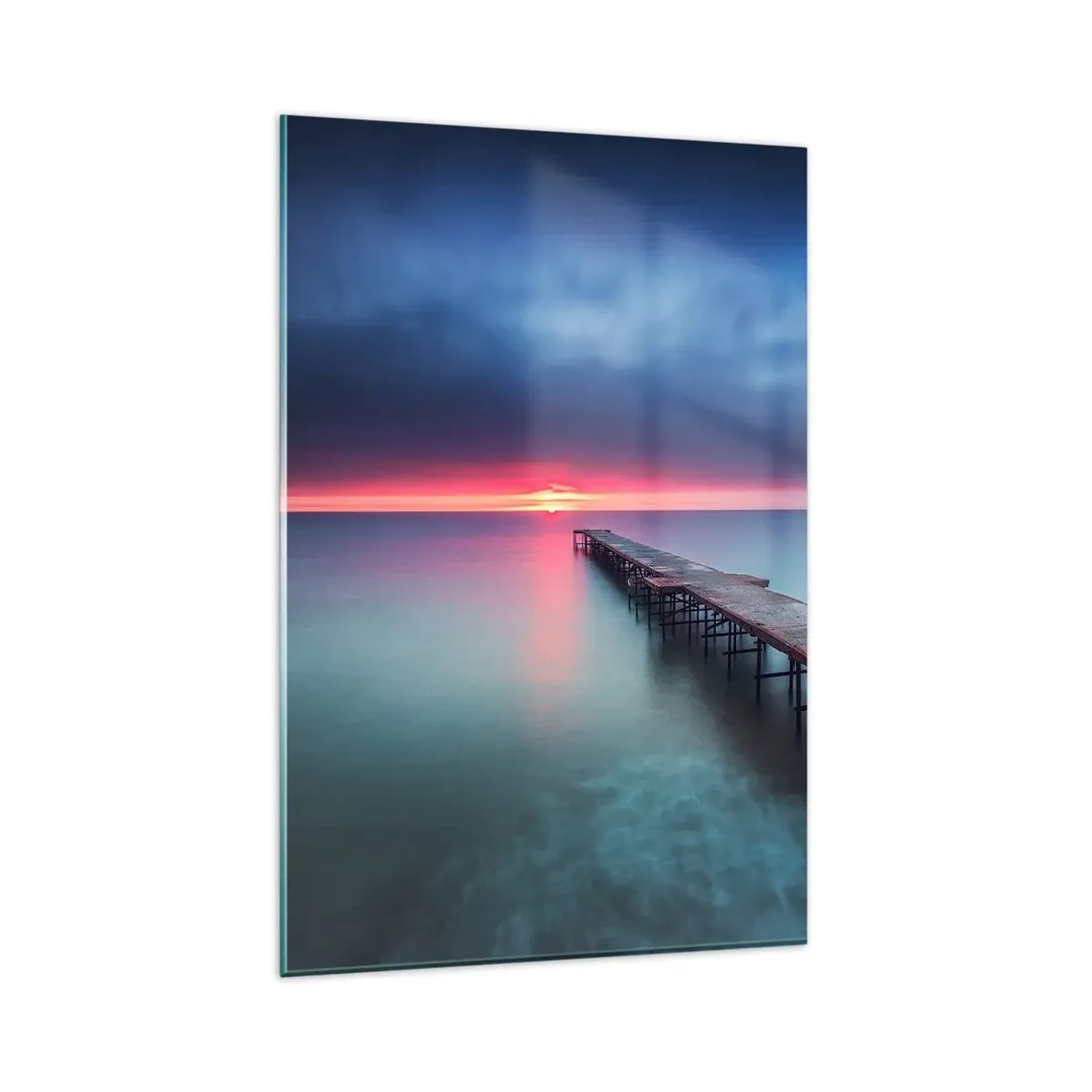 Glasbild - Bild auf glas - Ein Holzsteg, der bei Sonnenuntergang direkt aufs Meer hinausführt - 80x120cm - Zwischen Himmel und Erde - Moderne Wanddekoration für Wohnzimmer und Schlafzimmer ARTTOR